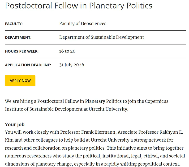 Utrecht University Recruitment 2026: Postdoctoral Fellow in Planetary Politics