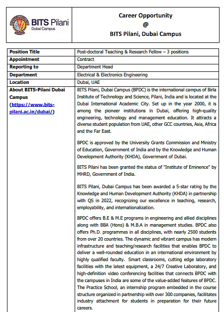 Post-Doctoral Teaching & Research Fellow Recruitment 2026 at BITS Pilani, Dubai Campus