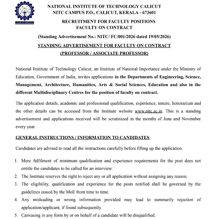  NIT Calicut Faculty Recruitment 2026