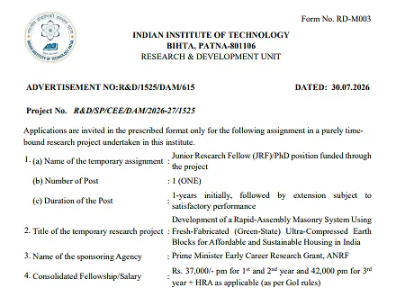 Junior Research Fellow (JRF) / PhD Recruitment 2026 at IIT Patna – ANRF-Funded Sustainable Housing Project