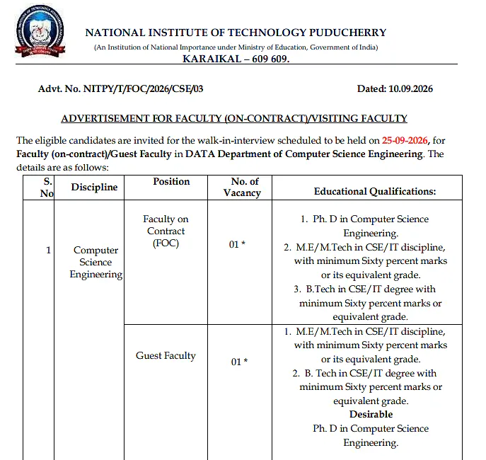 Faculty (On-Contract) / Guest Faculty Recruitment 2026 at NIT Puducherry – Computer Science & Engineering