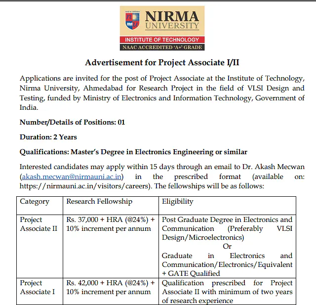 Project Associate I/II Recruitment 2026 at Nirma University – MeitY Funded VLSI Research Project