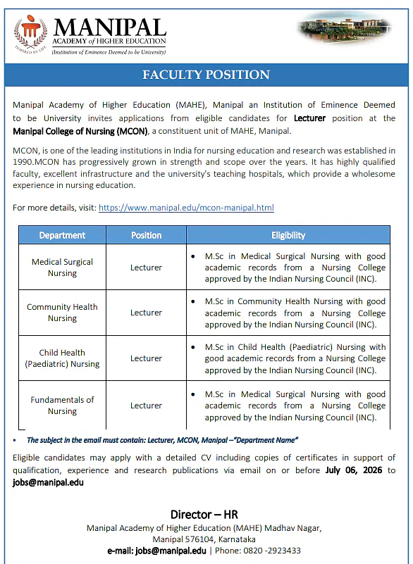 MAHE Recruitment 2026: Lecturer Vacancies at Manipal College of Nursing