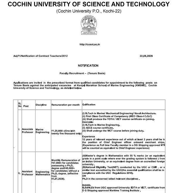 Cochin University of Science and Technology Recruitment 2026