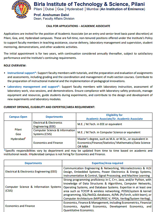 BITS Pilani Academic Associate Recruitment 2026