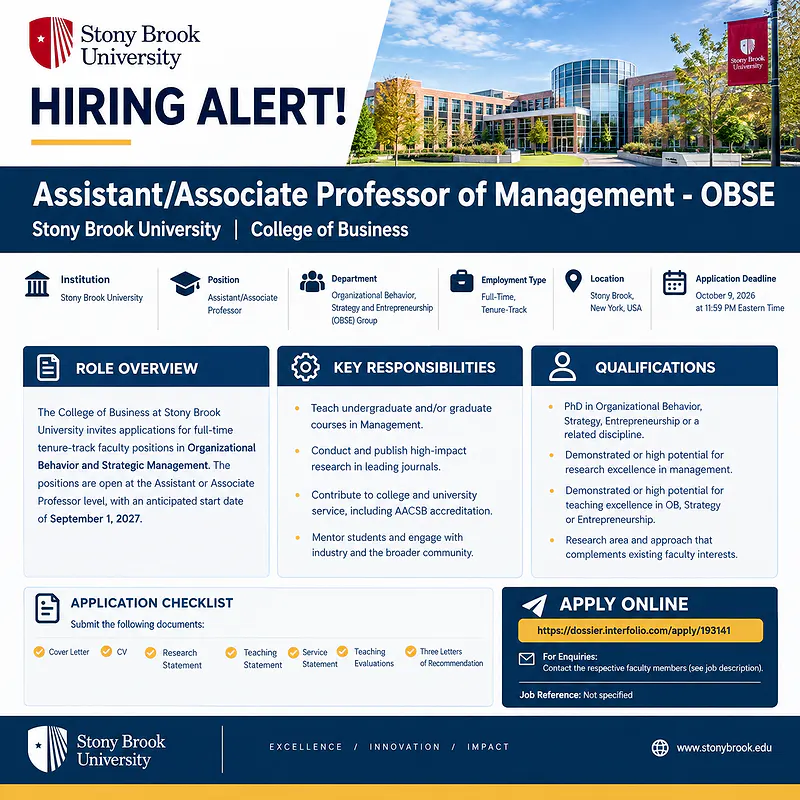 Assistant/Associate Professor of Management - OBSE – Stony Brook University