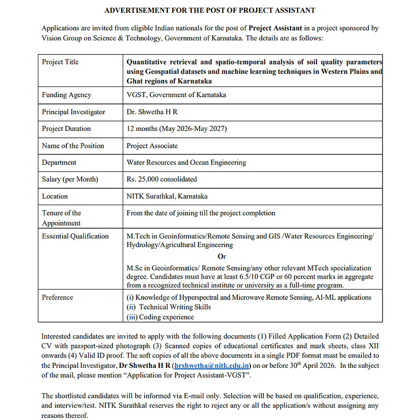 Research Position 2026: NIT Karnataka Surathkal (VGST Project)
