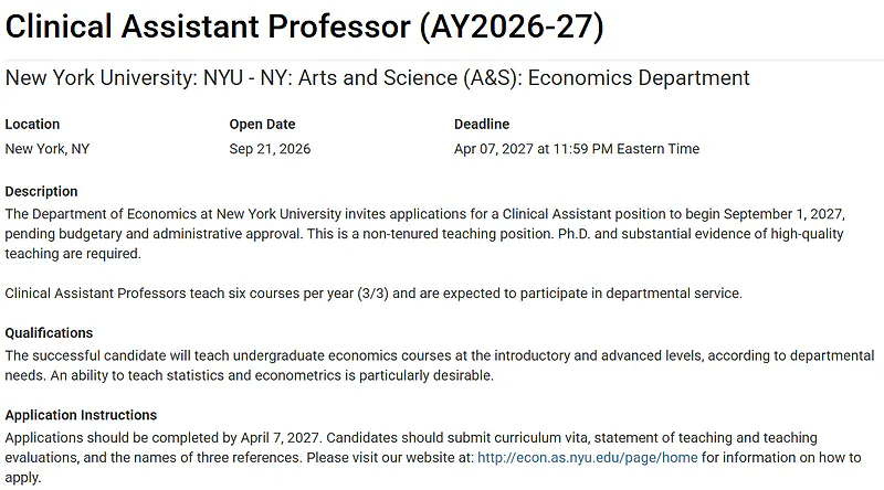 Clinical Assistant Professor of Economics – New York University