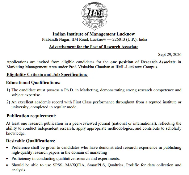 Research Associate – Marketing Management Recruitment 2026 at IIM Lucknow