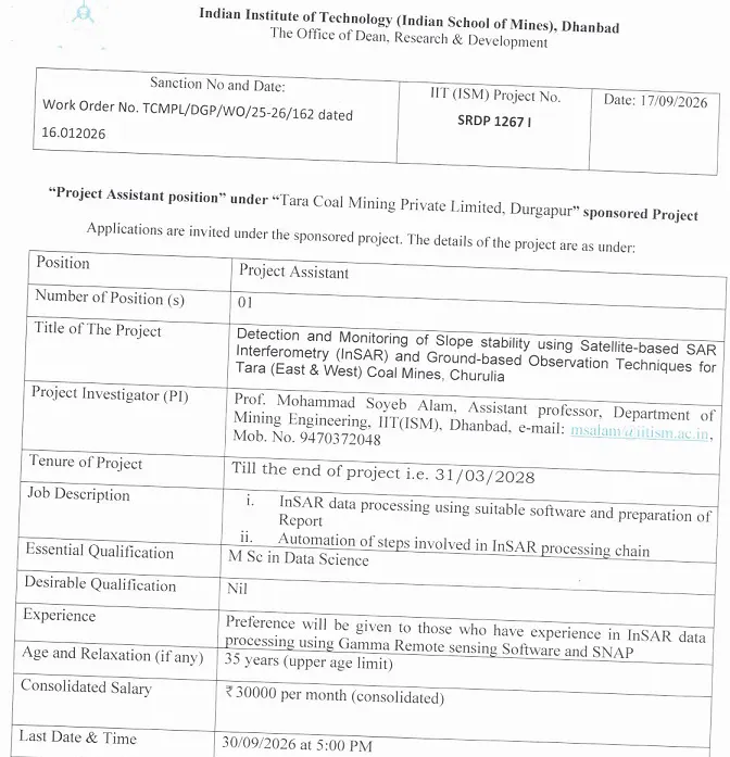 Project Assistant Recruitment 2026 at IIT (ISM) Dhanbad – InSAR-Based Coal Mine Slope Stability Project