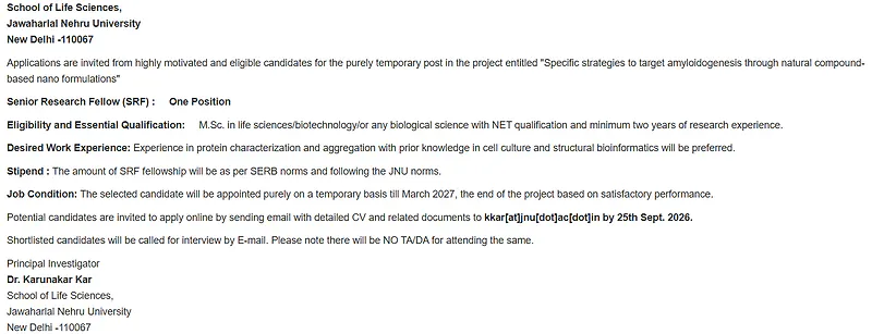 Senior Research Fellow (SRF) Recruitment 2026 at JNU – Life Sciences Research Project