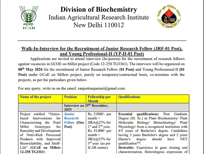 Walk-In-Interview: JRF & YP-II Recruitment 2026 at ICAR-IARI