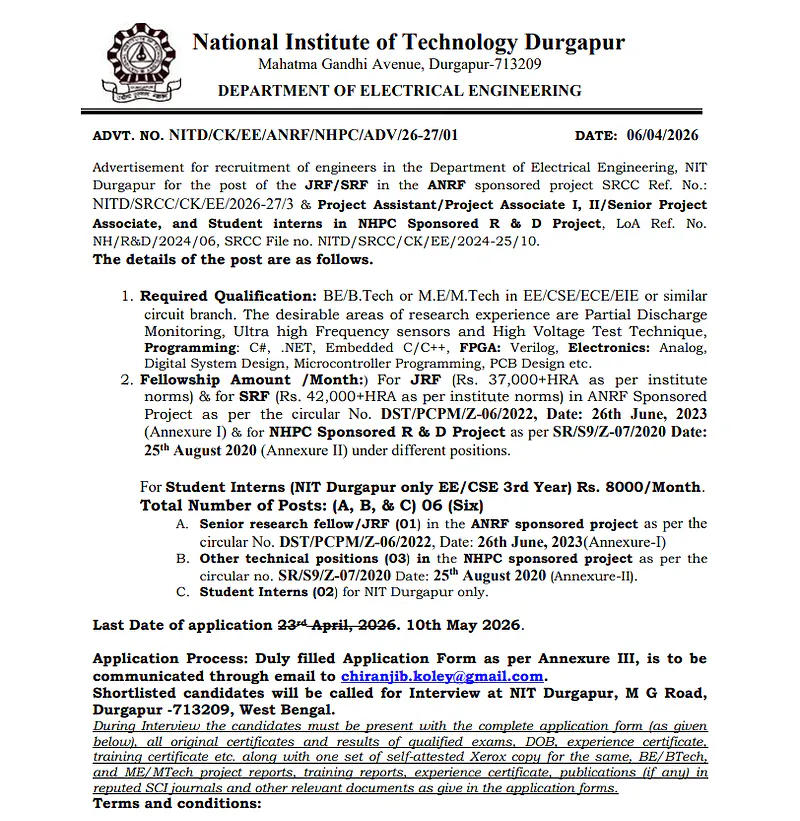 Multiple Research & Project Positions 2026 at NIT Durgapur 