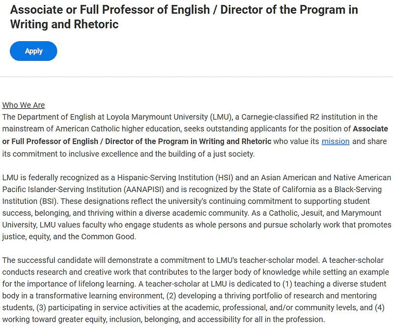 Associate or Full Professor of English / Director of the Program in Writing and Rhetoric – Loyola Marymount University