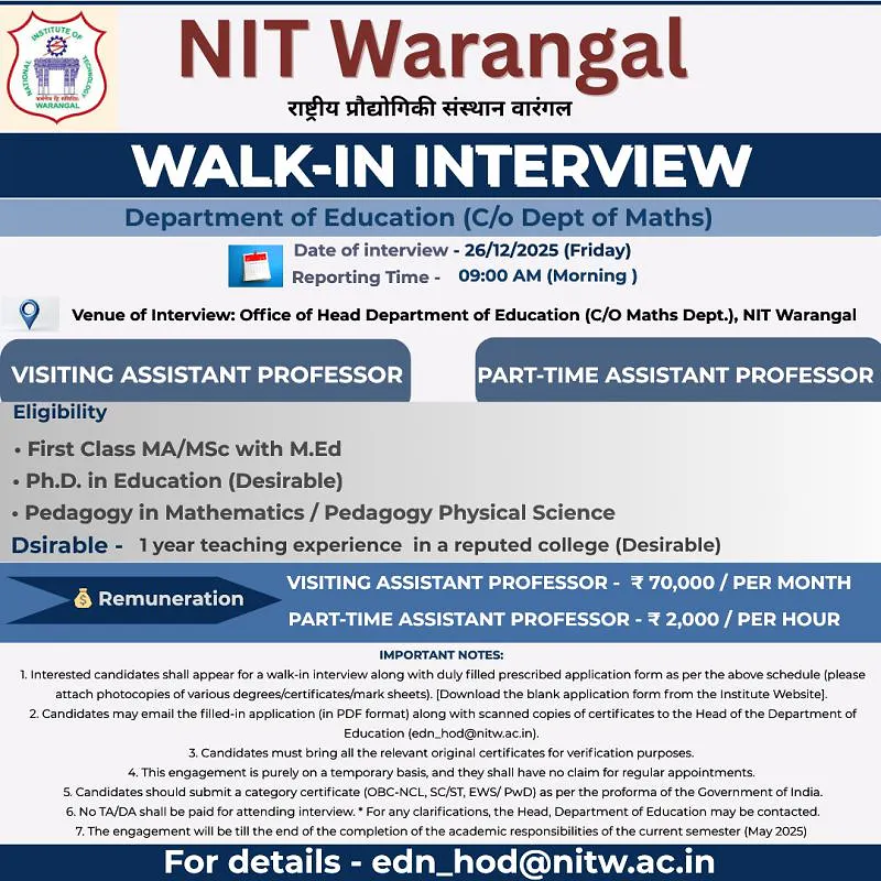 Walk-In Interview for Visiting & Part-Time Assistant Professor (Education)