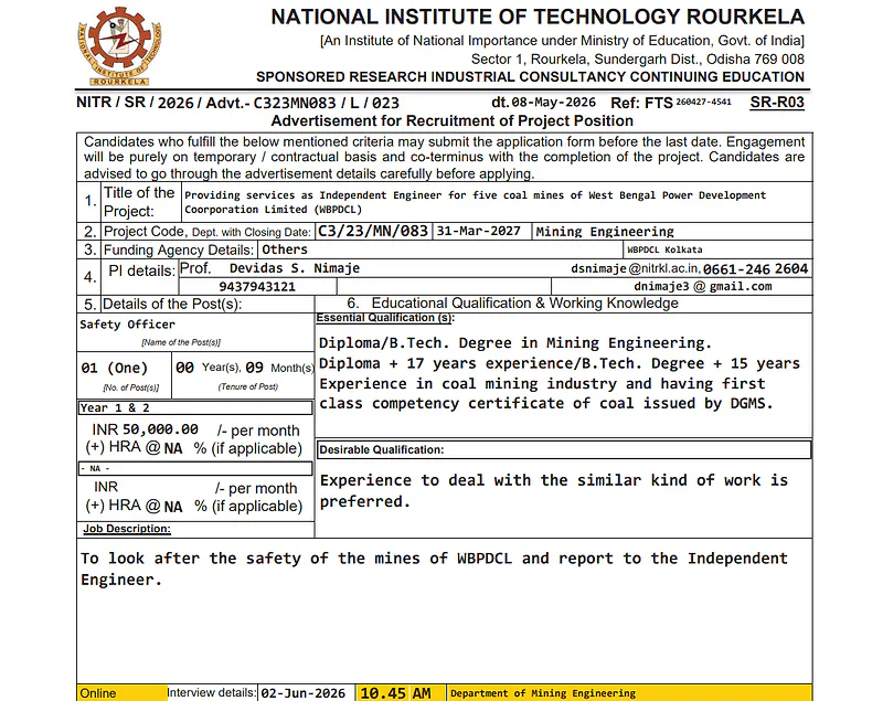  NIT Rourkela Recruitment 2026: Safety Officer Position