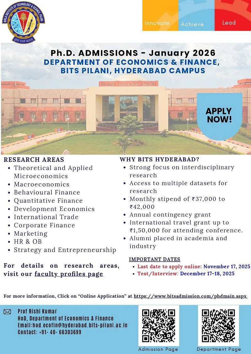 Ph.D. Admissions Open – January 2026 | Department of Economics & Finance, BITS Pilani Hyderabad Campus