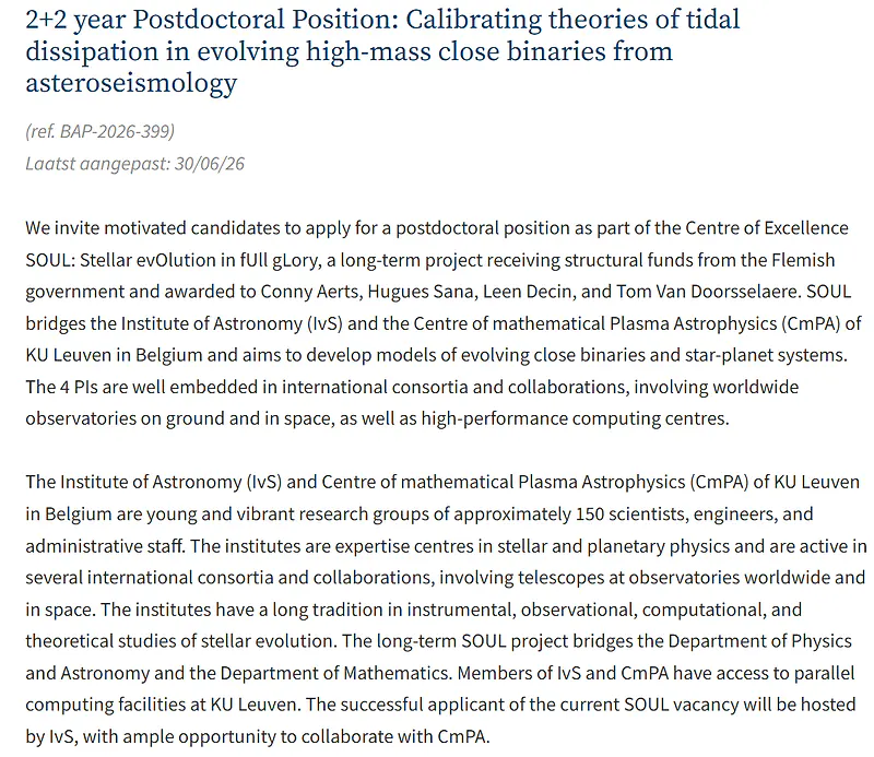 KU Leuven Invites Applications for 2+2 Year Postdoctoral Position in Stellar Astrophysics
