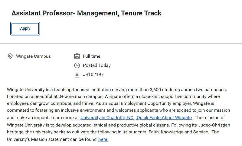 Assistant Professor of Management (Tenure-Track) – Wingate University