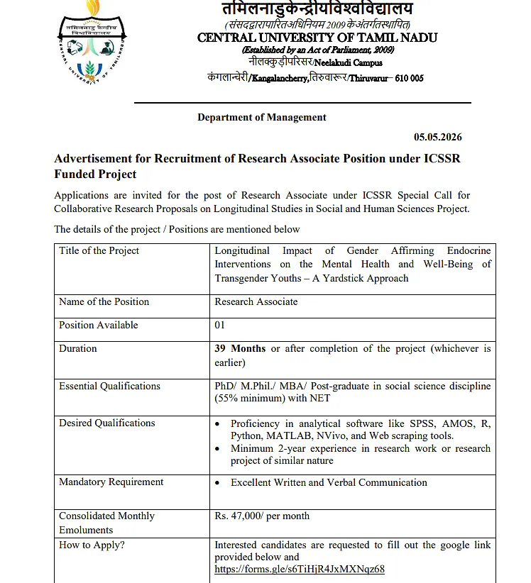 CU Tamil Nadu Recruitment 2026 : Opportunity for Research Associate (ICSSR Funded Project)