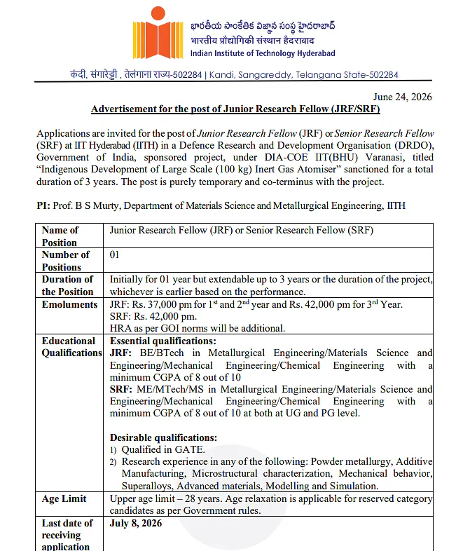 IIT Hyderabad Recruitment 2026: JRF/SRF Vacancy under DRDO-Sponsored Project