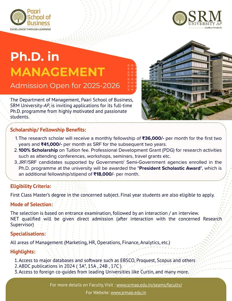 Ph.D. in Management Admissions Open at SRM University-AP (2025–2026 ...