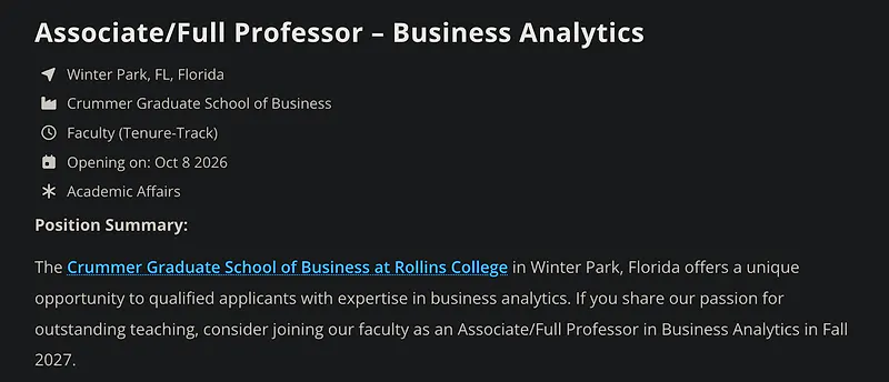 Faculty Opportunity: Associate / Full Professor – Business Analytics – Rollins College