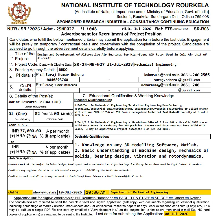 NIT Rourkela Invites Applications for Junior Research Fellow (JRF) under DRDO-Funded Project