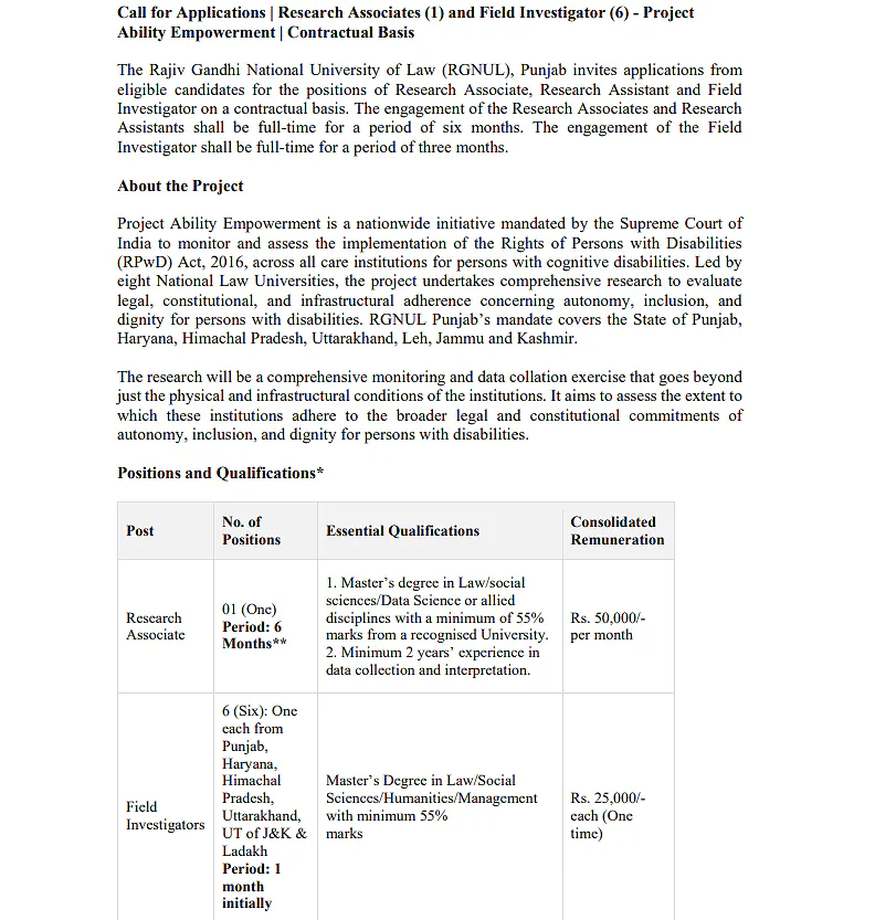 Research Associate & Field Investigator Recruitment 2026 – RGNUL Punjab
