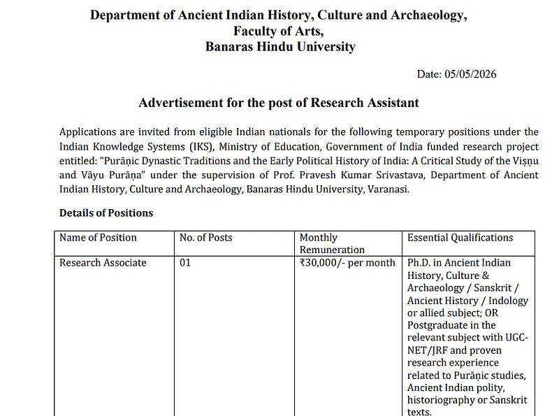 Banaras Hindu University Recruitment 2026 - Research Associate Vacancy