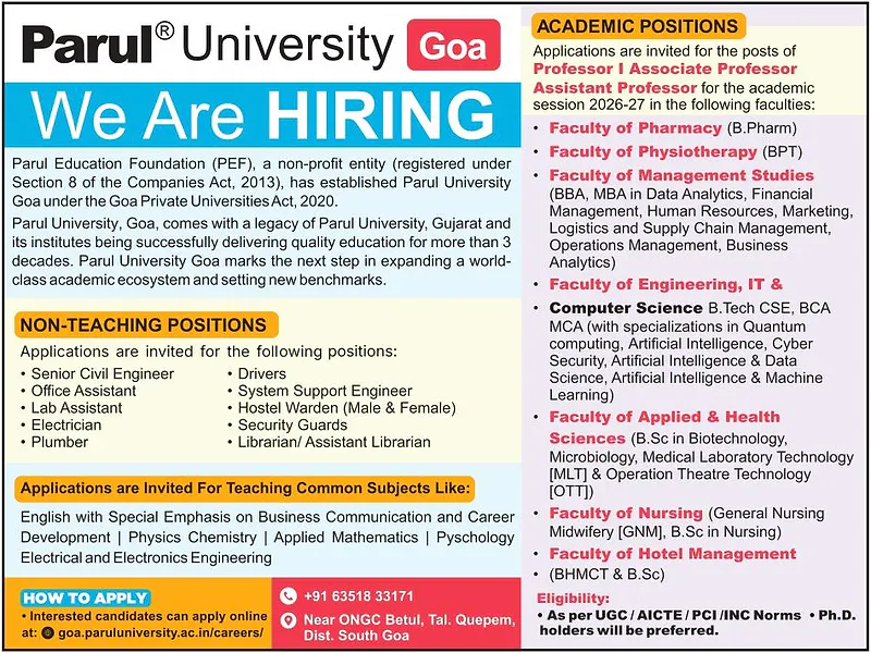 Parul University Goa – Recruitment for Teaching & Non-Teaching Positions (2026–27)