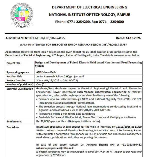 NIT Raipur JRF / Project Staff Recruitment 2026 – Electrical Engineering | Walk-in Interview