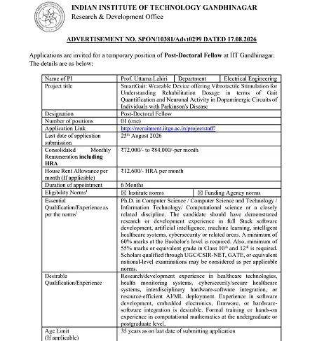 IIT Gandhinagar Postdoctoral Fellow Recruitment 2026 in Electrical Engineering