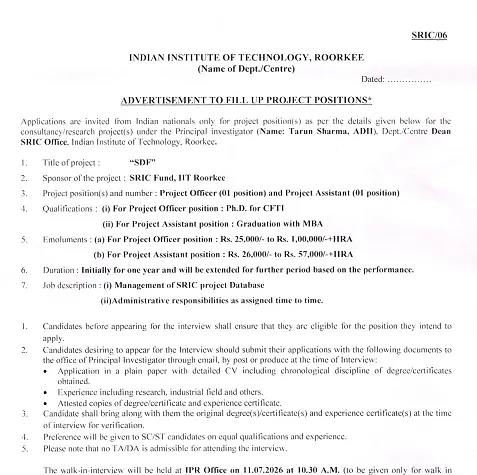 IIT Roorkee Recruitment 2026: Project Officer & Project Assistant Positions