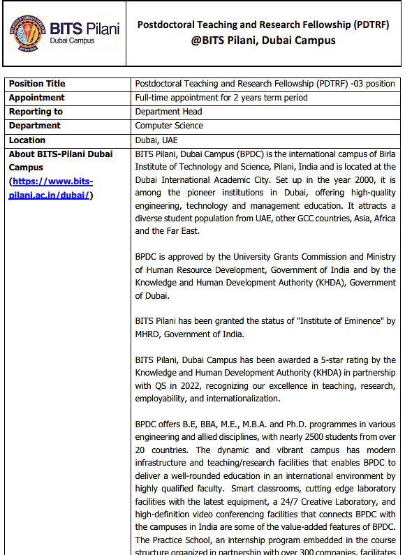 Postdoctoral Teaching and Research Fellowship (PDTRF) 2026 – Computer Science at BITS Pilani, Dubai Campus