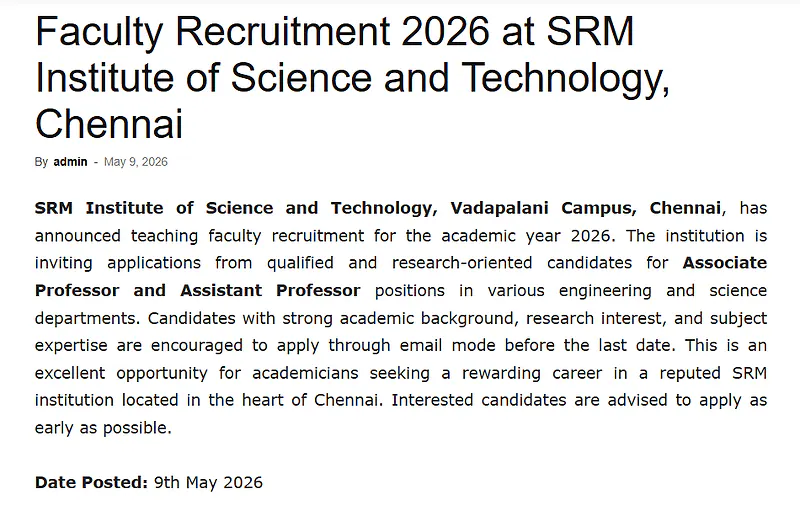 SRM Institute of Science and Technology Recruitment 2026  -  Associate Professor & Assistant Professor 