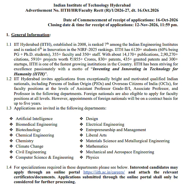 IIT Hyderabad Faculty Recruitment 2026–27 – Assistant Professor, Associate Professor and Professor