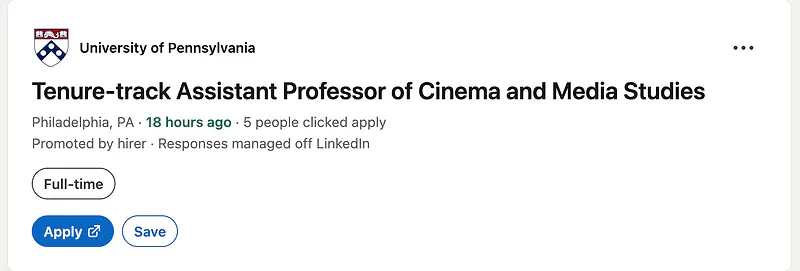 Tenure-track Assistant Professor of Cinema and Media Studies