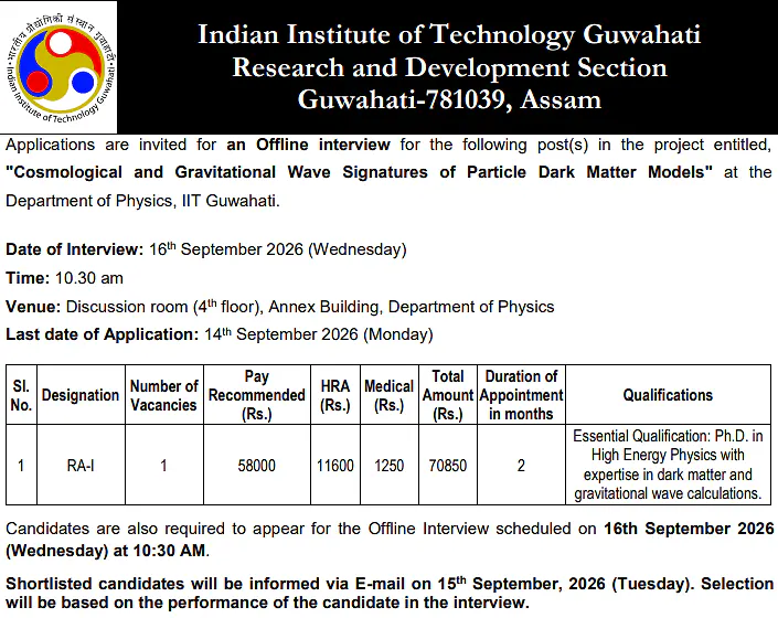 IIT Guwahati Research Associate-I Recruitment 2026 – Offline Interview