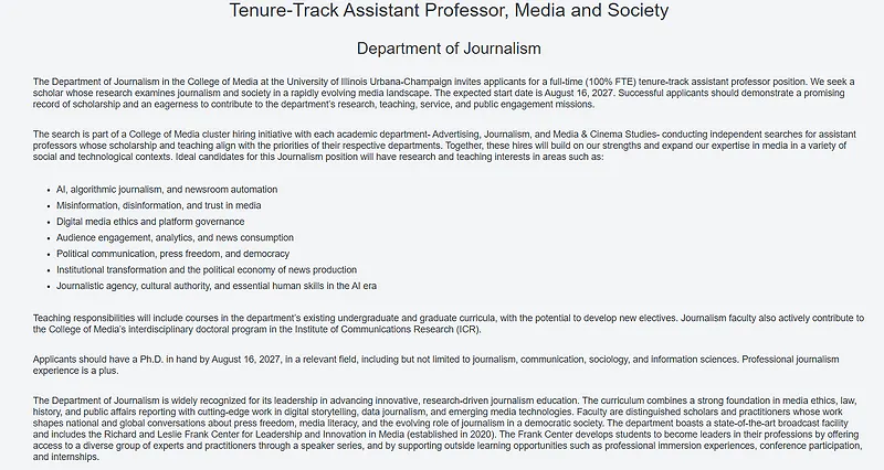 University of Illinois Urbana-Champaign Invites Applications for Tenure-Track Assistant Professor in Media and Society