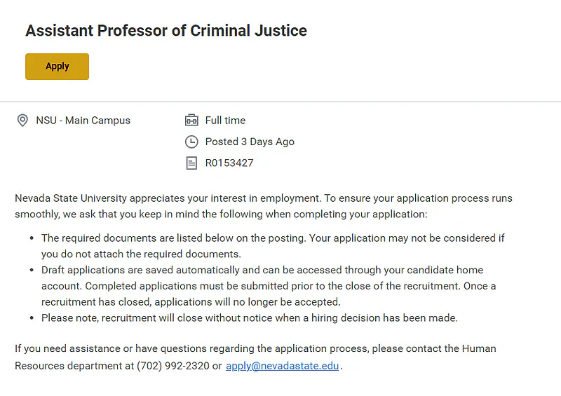 Assistant Professor of Criminal Justice – Nevada State University