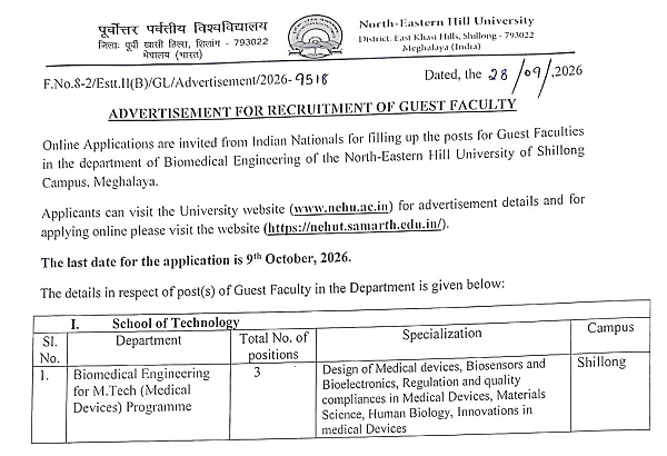 Guest Faculty Recruitment 2026 – North-Eastern Hill University (NEHU), Shillong