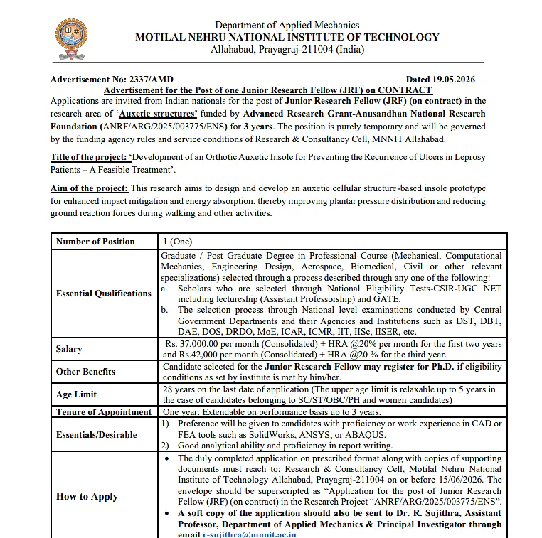 Junior Research Fellow (JRF) Recruitment 2026 | MNNIT Allahabad (ANRF-Funded Project)