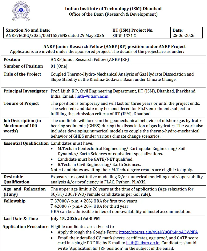 IIT (ISM) Dhanbad ANRF JRF Recruitment 2026
