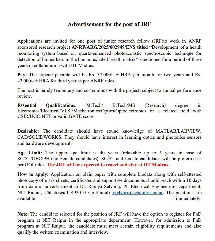  NIT Raipur JRF Recruitment 2026