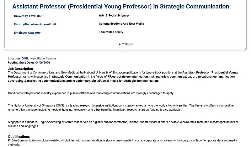 National University of Singapore (NUS) Recruitment 2026 | Assistant Professor (Presidential Young Professor) in Strategic Communication