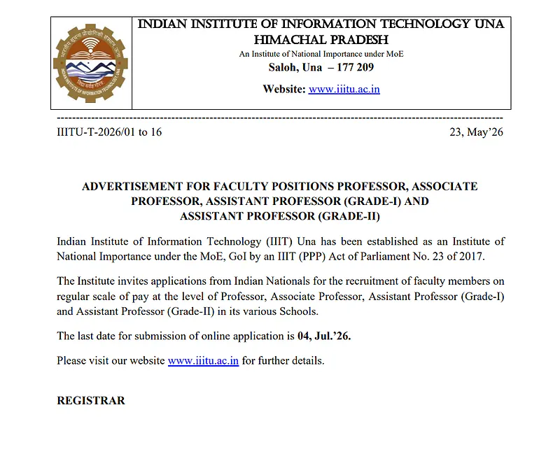 IIIT Una Faculty Recruitment 2026: Openings for Professor, Associate Professor & Assistant Professor
