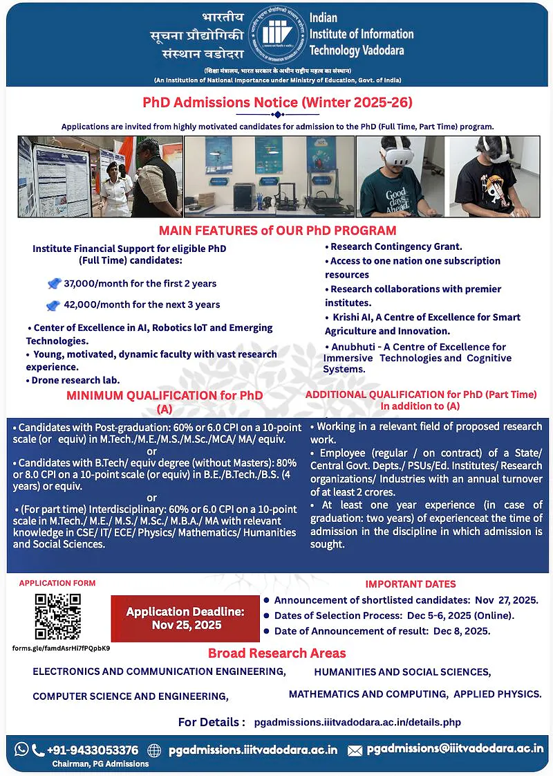 IIIT Vadodara PhD Admissions (Winter 2025–26)