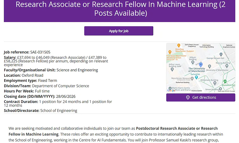 University of Manchester Recruitment 2026: Applications Invited for Research Associate or Research Fellow in Machine Learning (2 Positions)