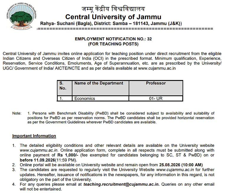 Professor Recruitment 2026 at Central University of Jammu – Economics